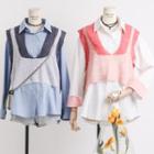 Set: Loose-fit Shirt + Colorblock Knit Vest