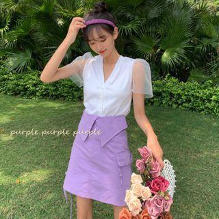 Short-sleeve Mesh Panel Top / Mini Skirt