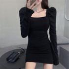 Long-sleeve Square-neck Mini Bodycon Dress Black - One Size