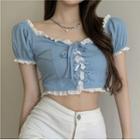 Short-sleeve Lace Trim Cropped Blouse Light Blue - One Size