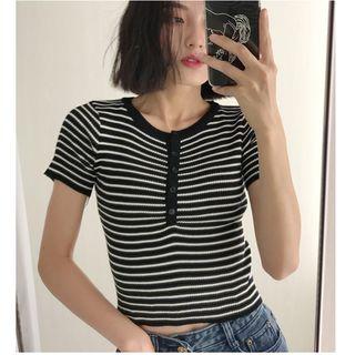 Buttoned Striped Short-sleeve T-shirt