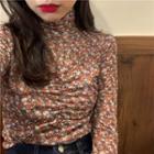 Mock-turtleneck Floral Print Shirred Long-sleeve T-shirt As Shown In Figure - One Size