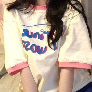 Short-sleeve Lettering Ringer T-shirt Almond - One Size