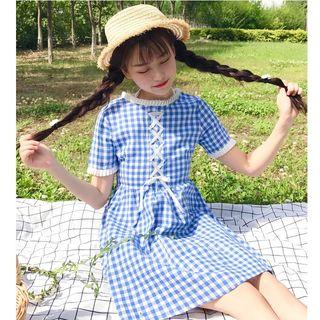 Plaid Lace Up Short-sleeve Dress