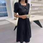 Square-neck Contrast-stitch Long Dress