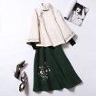 Set: 3/4-sleeve Embroidered Cheongsam Top + Midi A-line Skirt