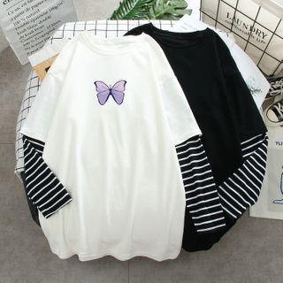 Mock Two-piece Striped Panel Butterfly Print T-shirt