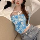 Set: Asymmetric Camouflage Camisole + Long Sleeve Plain Shawl Blue & White - One Size