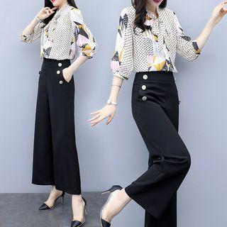 Set: 3/4-sleeve Polka Dot Paneled Ribbon Blouse + Wide-leg Pants