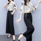 Set: 3/4-sleeve Polka Dot Paneled Ribbon Blouse + Wide-leg Pants