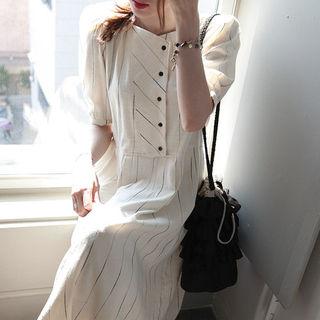 Puff-sleeve Buttoned Pinstripe Dress