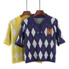 Short-sleeve Argyle Print Polo Knit Top