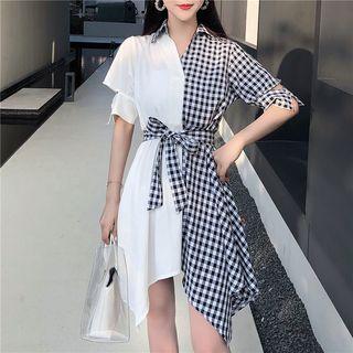 Plaid Panel Tie Waist Elbow-sleeve Dress