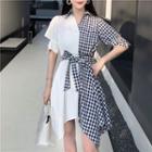 Plaid Panel Tie Waist Elbow-sleeve Dress