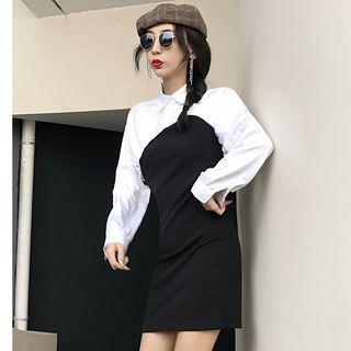 Mock Two Piece Long-sleeve Sheath Dress Black - One Size