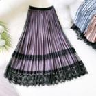 Accordion-pleat Lace Trim Midi A-line Mesh Skirt