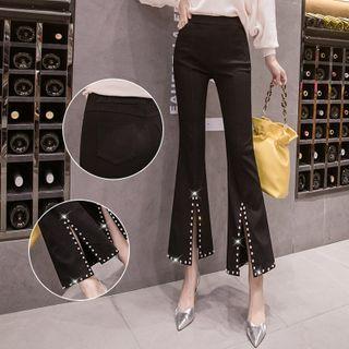 High-waist Rhinestone Slit-hem Boot-cut Cropped Jeans