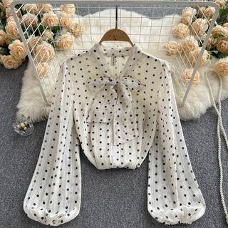 Lantern-sleeve Round-neck Bow Dots Top
