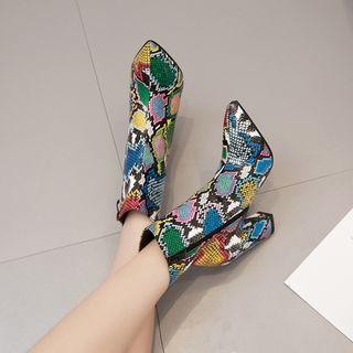 Chunky Heel Snake Print Short Boots