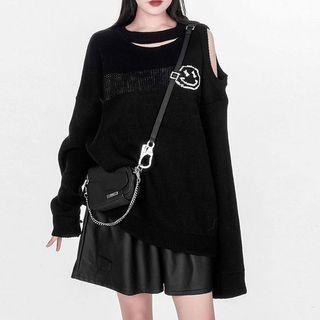 Cold-shoulder Lettering Smiley Face Print Sweater