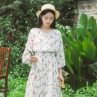 Floral Print 3/4-sleeve A-line Midi Dress