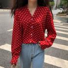 Dotted V-neck Long-sleeve Blouse Red - One Size