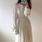 Long-sleeve Plain Pleated Dress White - One Size
