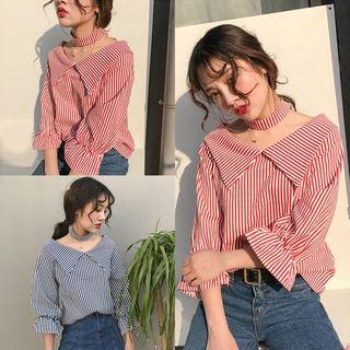 V-neck Striped Bell-sleeve Blouse