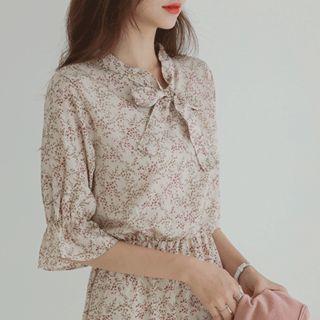 Beribboned Floral Chiffon Dress