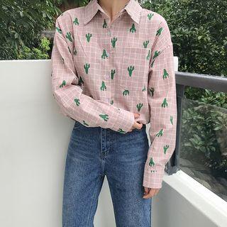 Single-breasted Long-sleeved Plaid Long Blouse