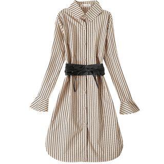 Striped Tie-waist Long-sleeve Midi Shirtdress