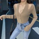 Cold-shoulder V-neck Sweater Khaki - One Size