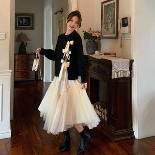 Bow-accent Sweater / Mesh A-line Skirt