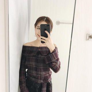 Plaid Off Shoulder Long Sleeve Blouse
