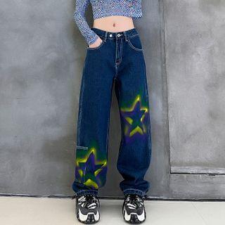 Low Waist Star Print Wide Leg Jeans