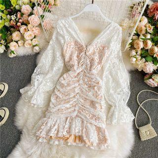 Long Sleeve Ruffle Lace Sheath Dress