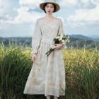 Long-sleeve Flower Print Lace Trim Midi A-line Dress