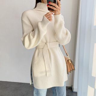 Turtle-neck Slit-side Knit Top With Belt