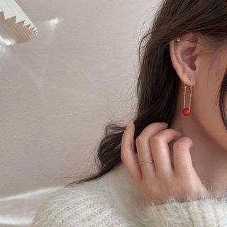 925 Sterling Silver Red Bead Chain Back Hanging Earring