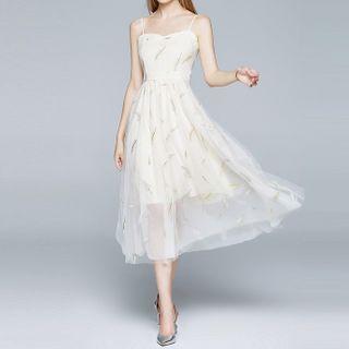 Spaghetti Strap Embroidered Mesh Midi A-line Dress