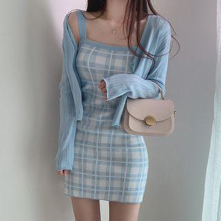 Set: Plain Cardigan + Plaid Knit Dress