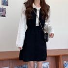 Two-tone Faux Pearl Button A-line Mini Knit Dress Black - One Size