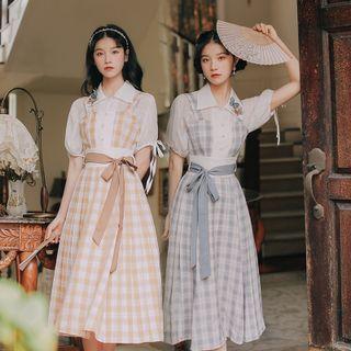 Set: Short-sleeve Blouse + Tie-waist Plaid Midi A-line Overall Dress