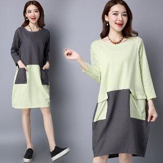 Long-sleeve Color-block Pocket-accent Dress