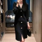 Long-sleeve V-neck Button-up Knit Sheath Dress