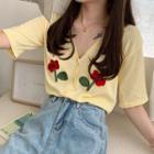 Short-sleeve Flower Embroidered Knit Cardigan