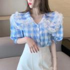 Puff-sleeve Collared Gingham Blouse