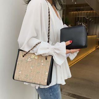 Set: Embroidered Straw Crossbody Bag + Pouch