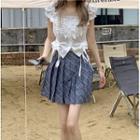 Short-sleeve Ruffle Drawstring Blouse / Plaid Mini Pleated Skirt