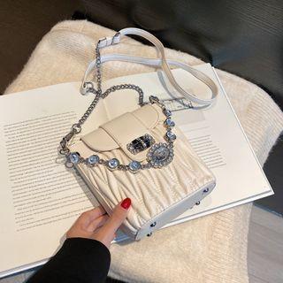 Rhinestone Quilted Faux Leather Bucket Bag